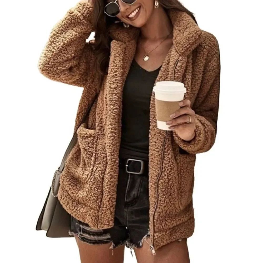 Pretty Garden Faux Fleece Jacket Fuzzy Pocket Teddy Coat Oversized Size XL